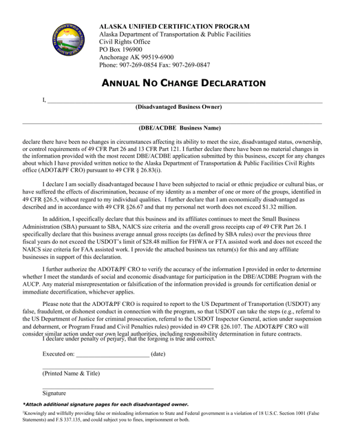 Annual No Change Declaration - Alaska Download Pdf