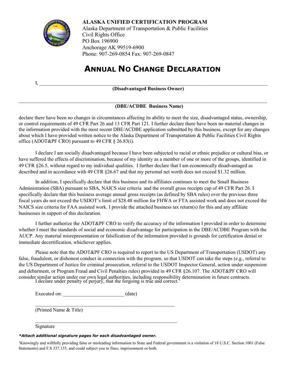 Annual No Change Declaration - Alaska, Page 1