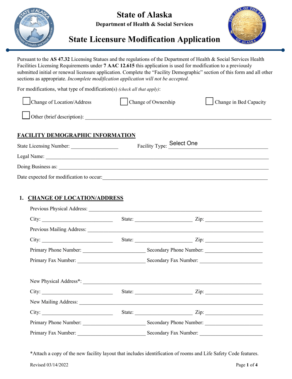 Alaska State Licensure Modification Application Fill Out Sign Online   State Licensure Modification Application Alaska Print Big 