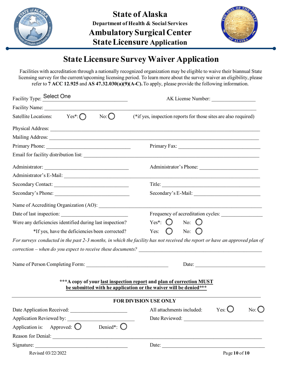 Ambulatory Surgical Center State Licensure Application - Alaska, Page 10