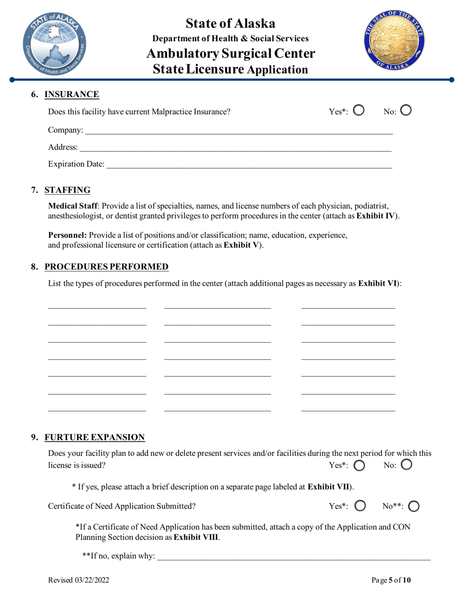 Ambulatory Surgical Center State Licensure Application - Alaska, Page 5