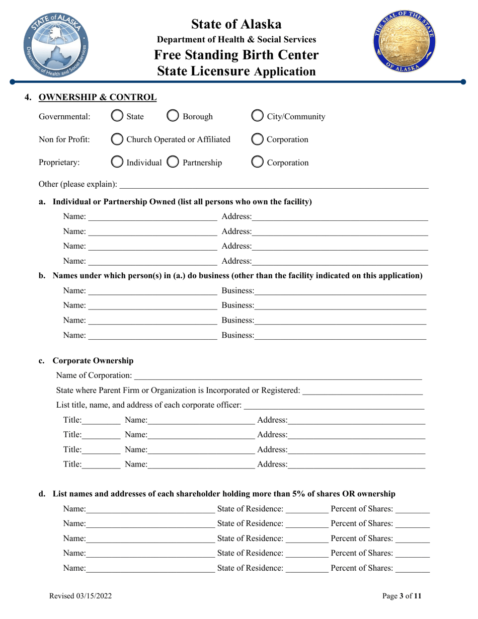 Alaska Free Standing Birth Center State Licensure Application Fill Out Sign Online And 