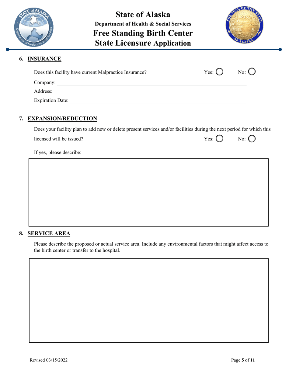 Free Standing Birth Center State Licensure Application - Alaska, Page 5
