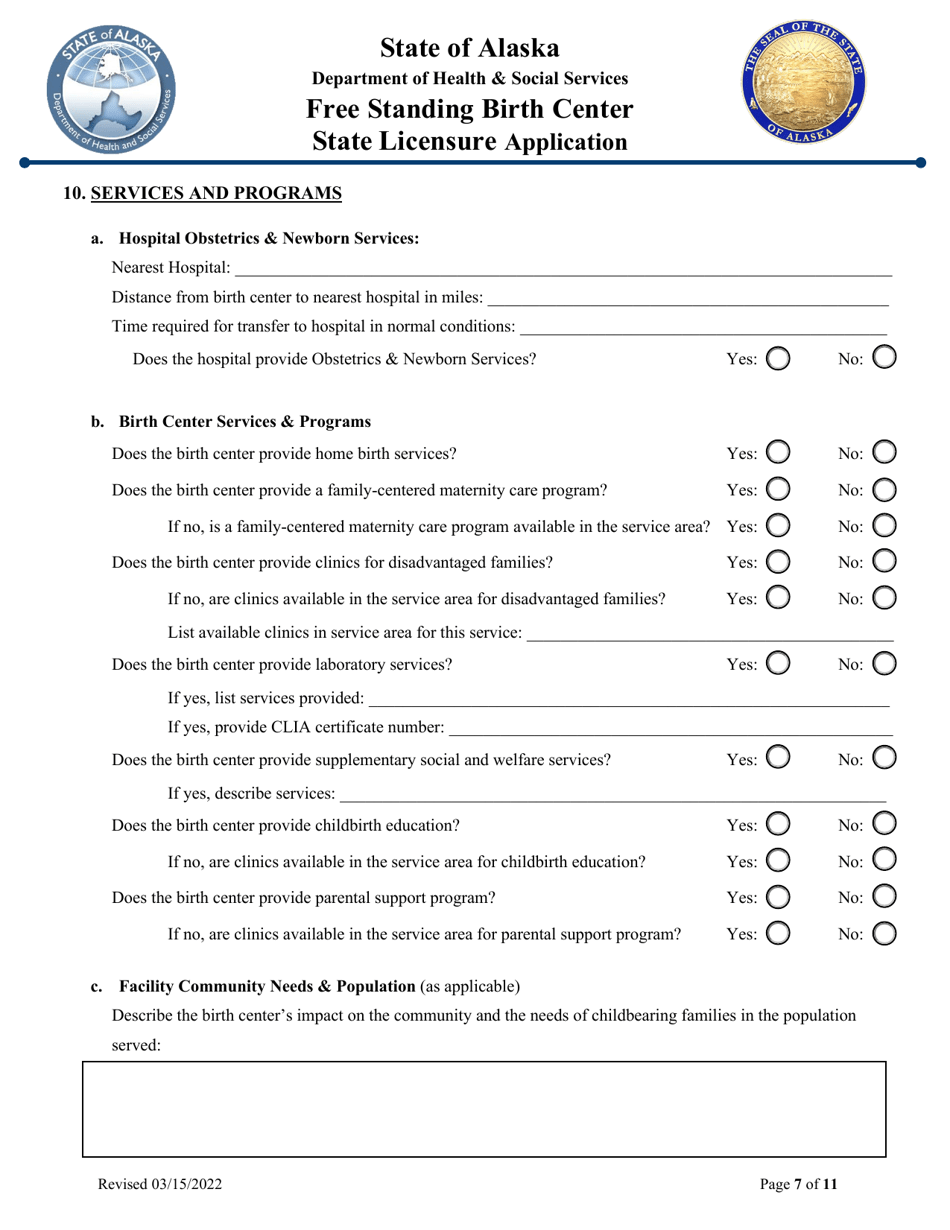 Free Standing Birth Center State Licensure Application - Alaska, Page 7