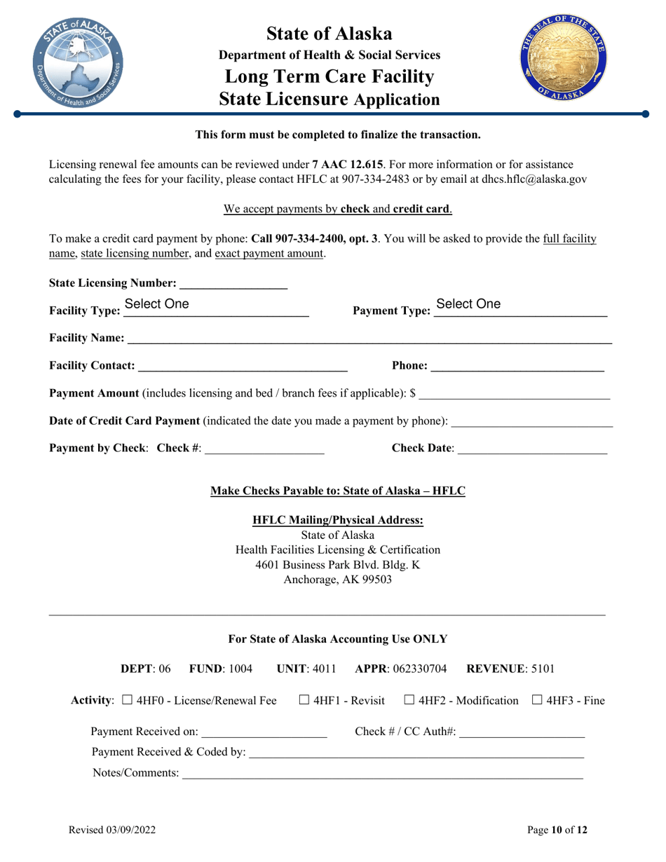 Long Term Care Facility State Licensure Application - Alaska, Page 10
