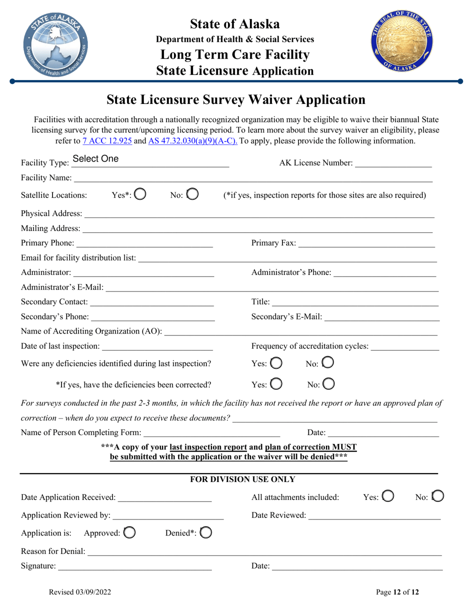 Long Term Care Facility State Licensure Application - Alaska, Page 12