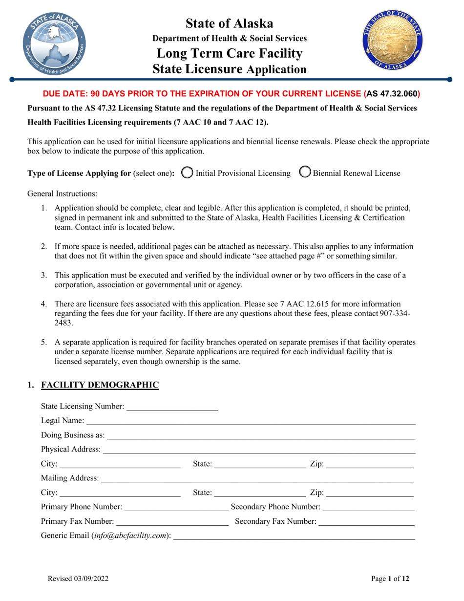 Long Term Care Facility State Licensure Application - Alaska, Page 1