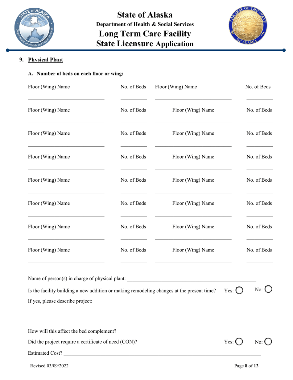 Long Term Care Facility State Licensure Application - Alaska, Page 8