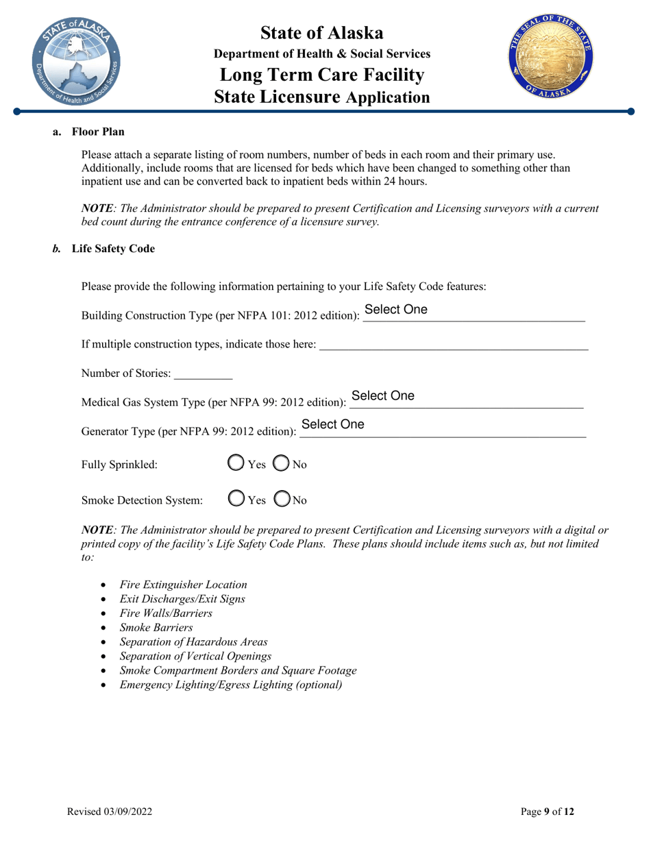 Long Term Care Facility State Licensure Application - Alaska, Page 9