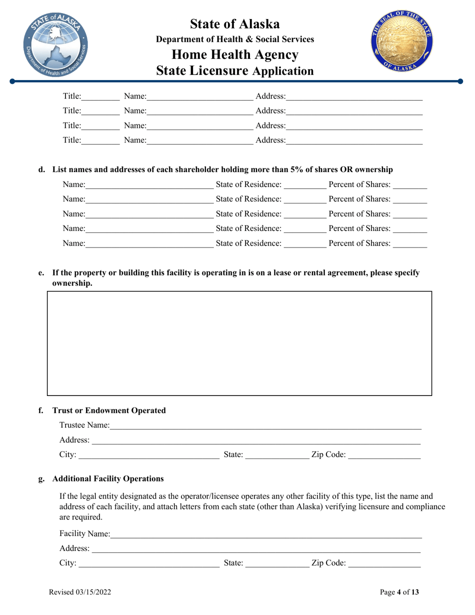 Home Health Agency State Licensure Application - Alaska, Page 4