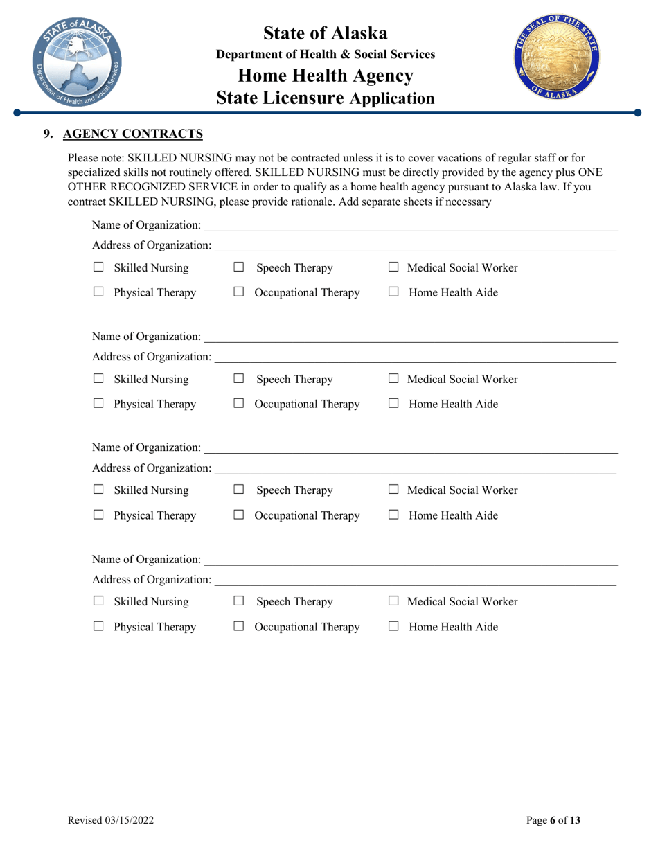 Home Health Agency State Licensure Application - Alaska, Page 6