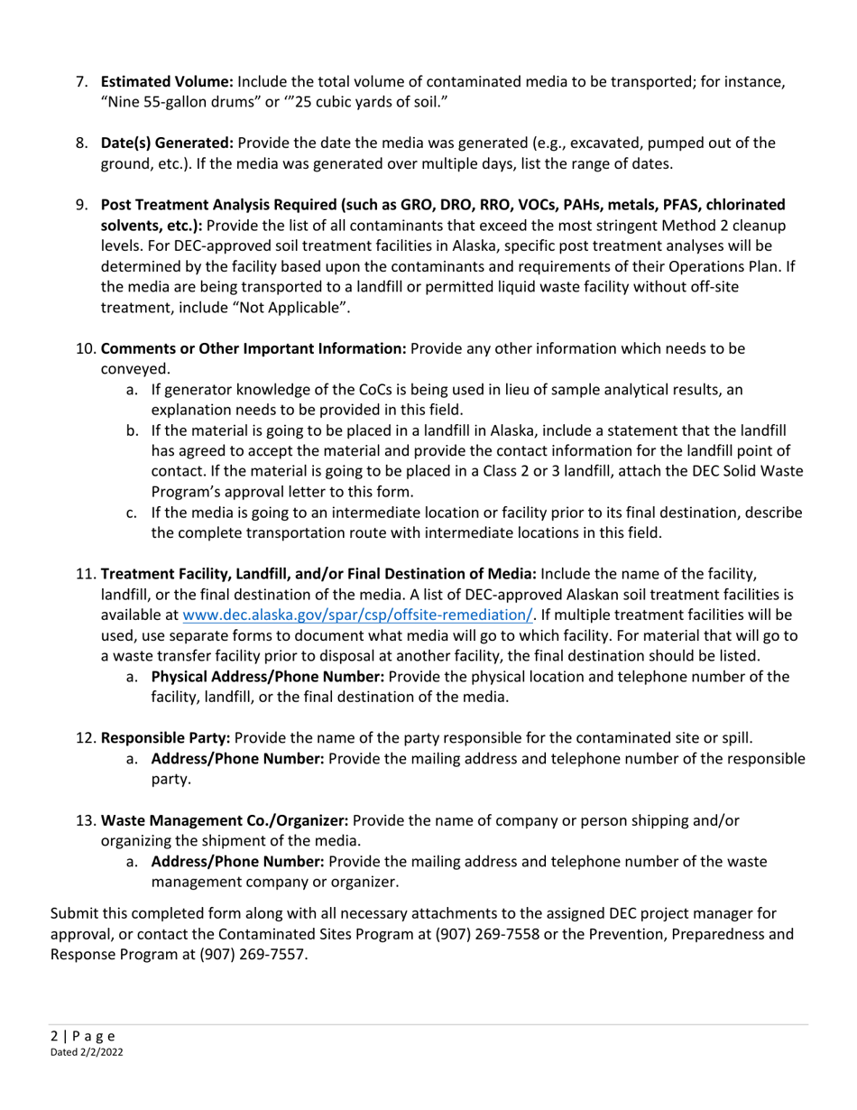 Contaminated Media Transport and Treatment or Disposal Approval Form - Alaska, Page 3