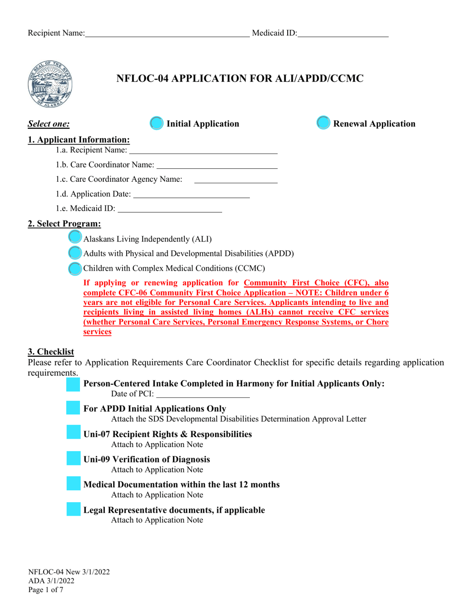 Form NFLOC-04 Application for Ali / Apdd / Ccmc - Alaska, Page 1