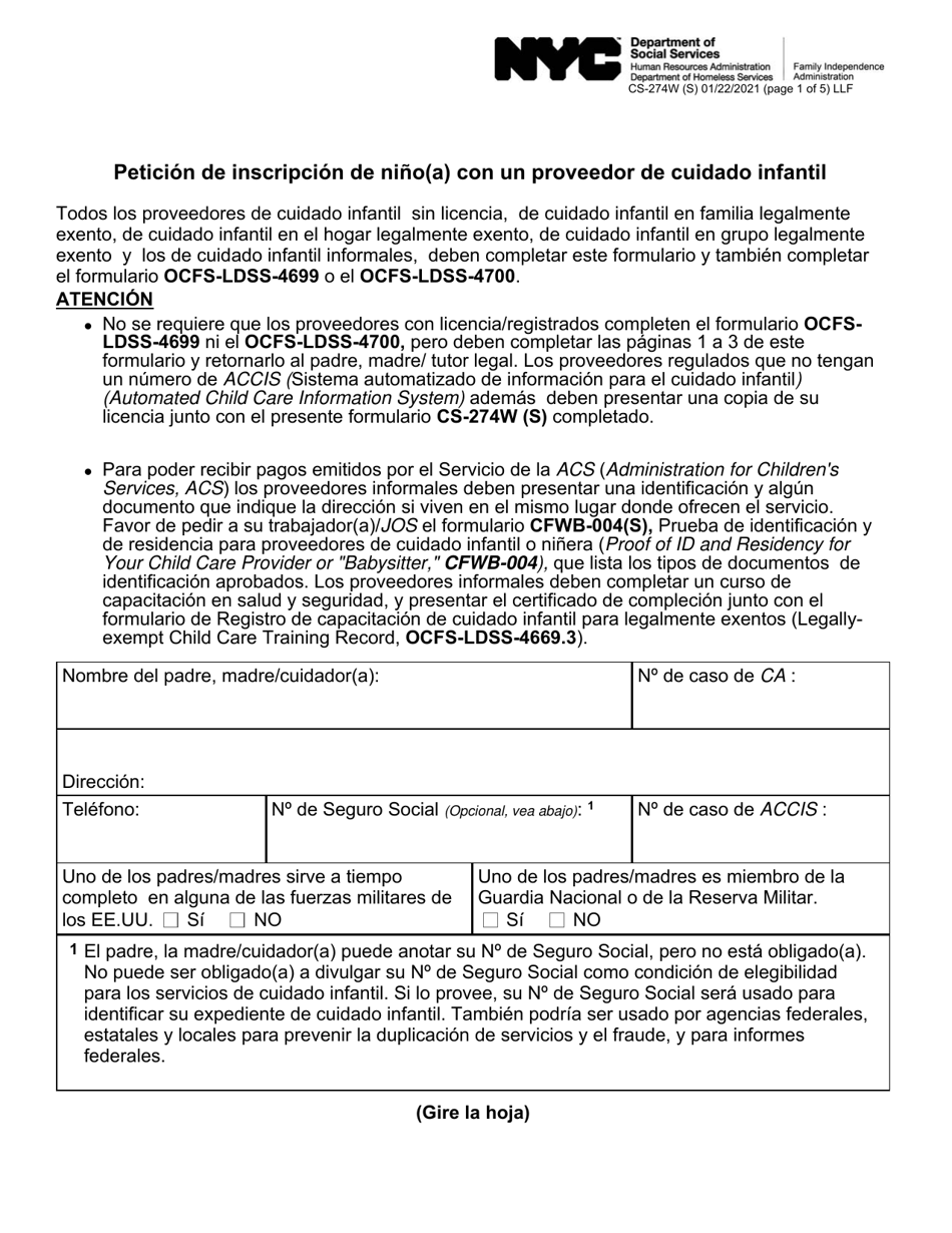 Formulario CS-274W Peticion De Inscripcion De Nino(A) Con Un Proveedor De Cuidado Infantil - New York City (Spanish), Page 1