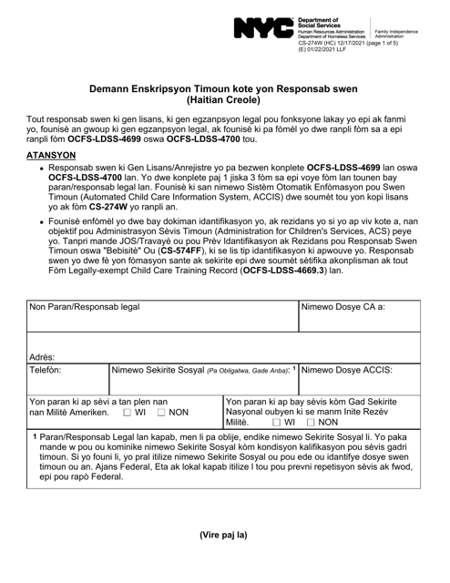 Form CS-274W Request for Enrollment of Child With Provider - New York City (Haitian Creole)