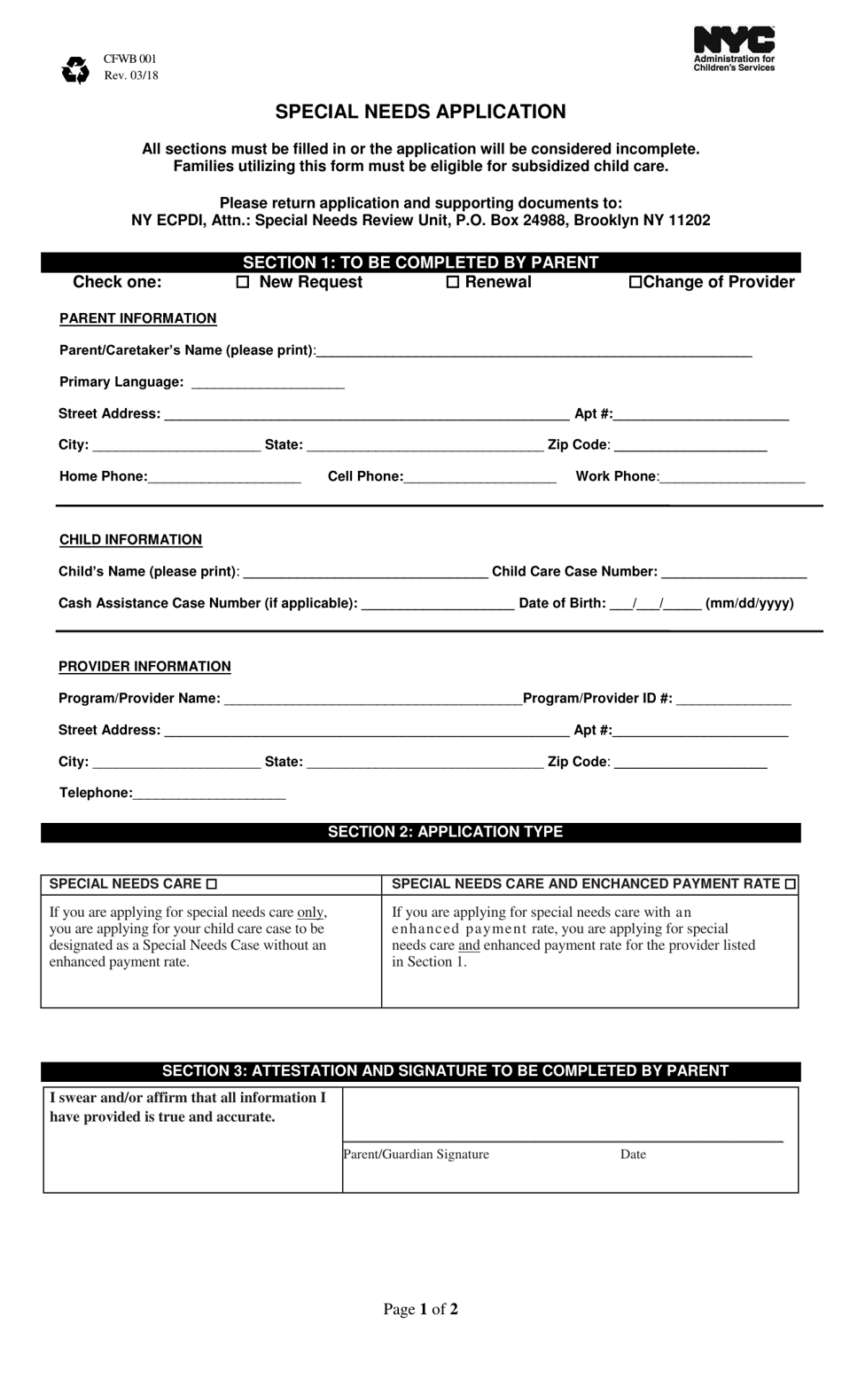 Form CFWB001 Special Needs Application - New York City, Page 1