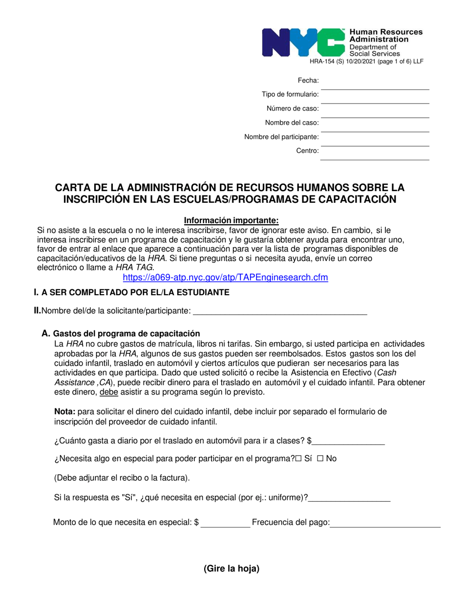 Formulario HRA-154 Carta De La Administracion De Recursos Humanos Sobre La Inscripcion En Las Escuelas / Programas De Capacitacion - New York City (Spanish), Page 1