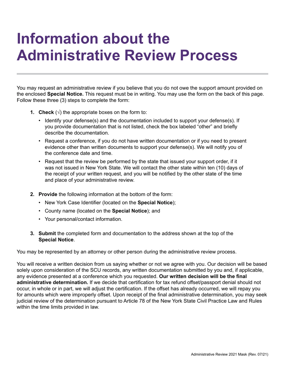 Request for Administrative Review of the Certification of Support Owed for Tax Refund Offset / Passport Denial - New York, Page 1