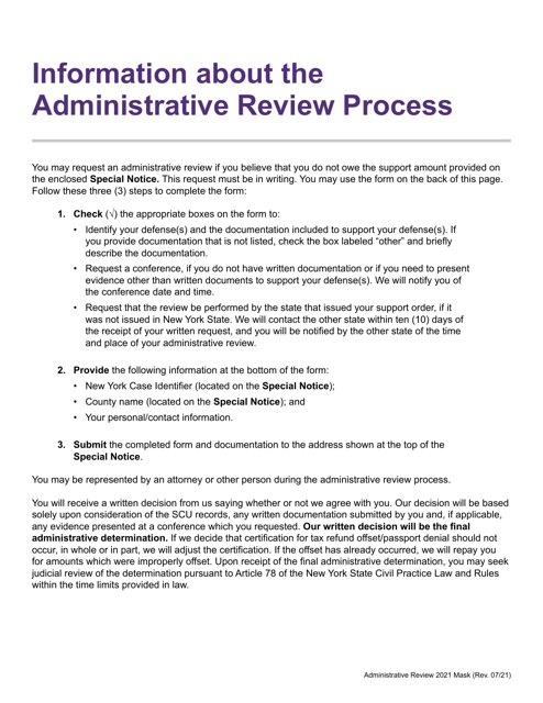 Request for Administrative Review of the Certification of Support Owed for Tax Refund Offset/Passport Denial - New York