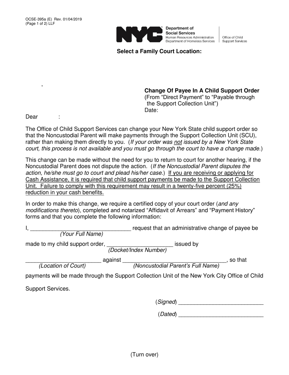 Form OCSE-395A Change of Payee in a Child Support Order - New York City, Page 1