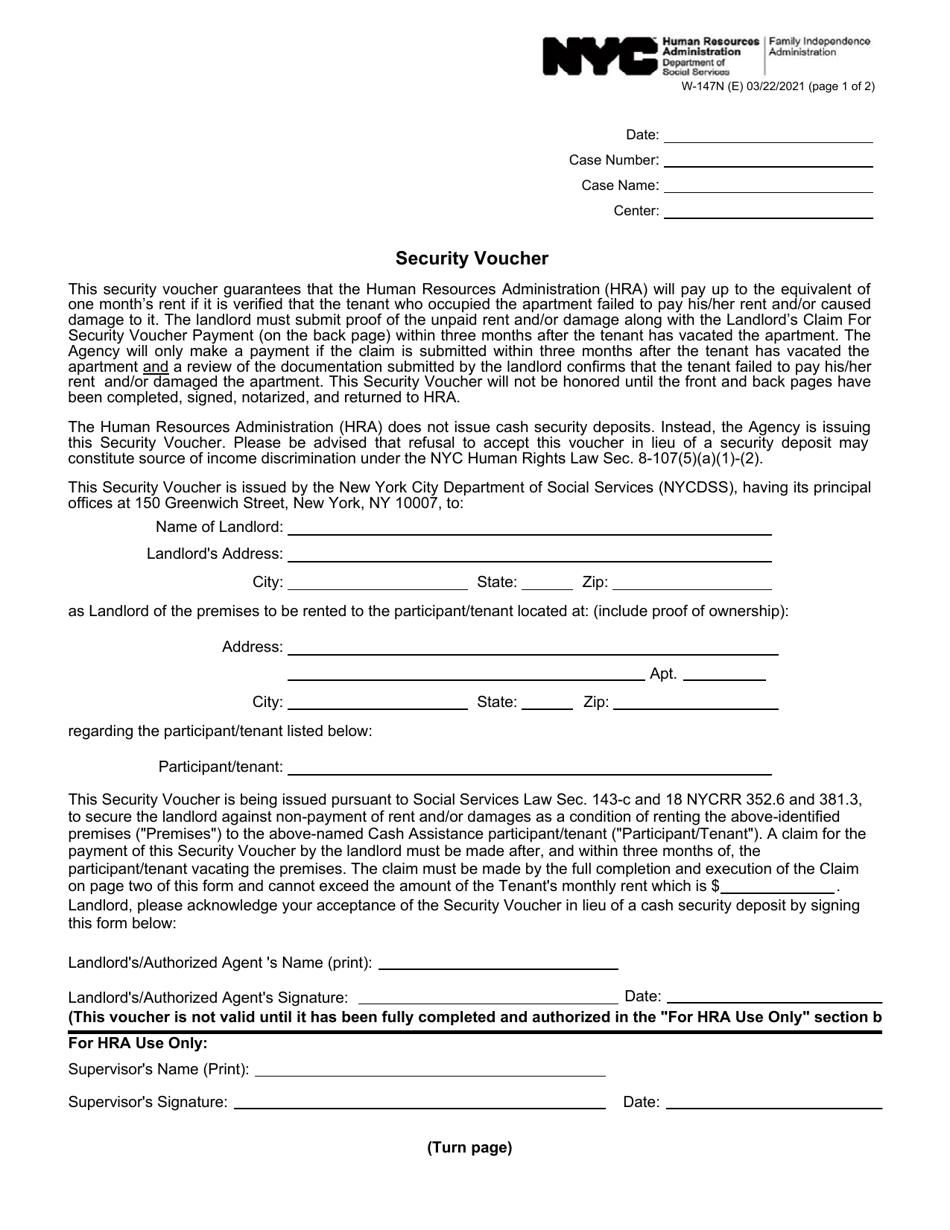 Form W-147N Security Voucher - New York City, Page 1