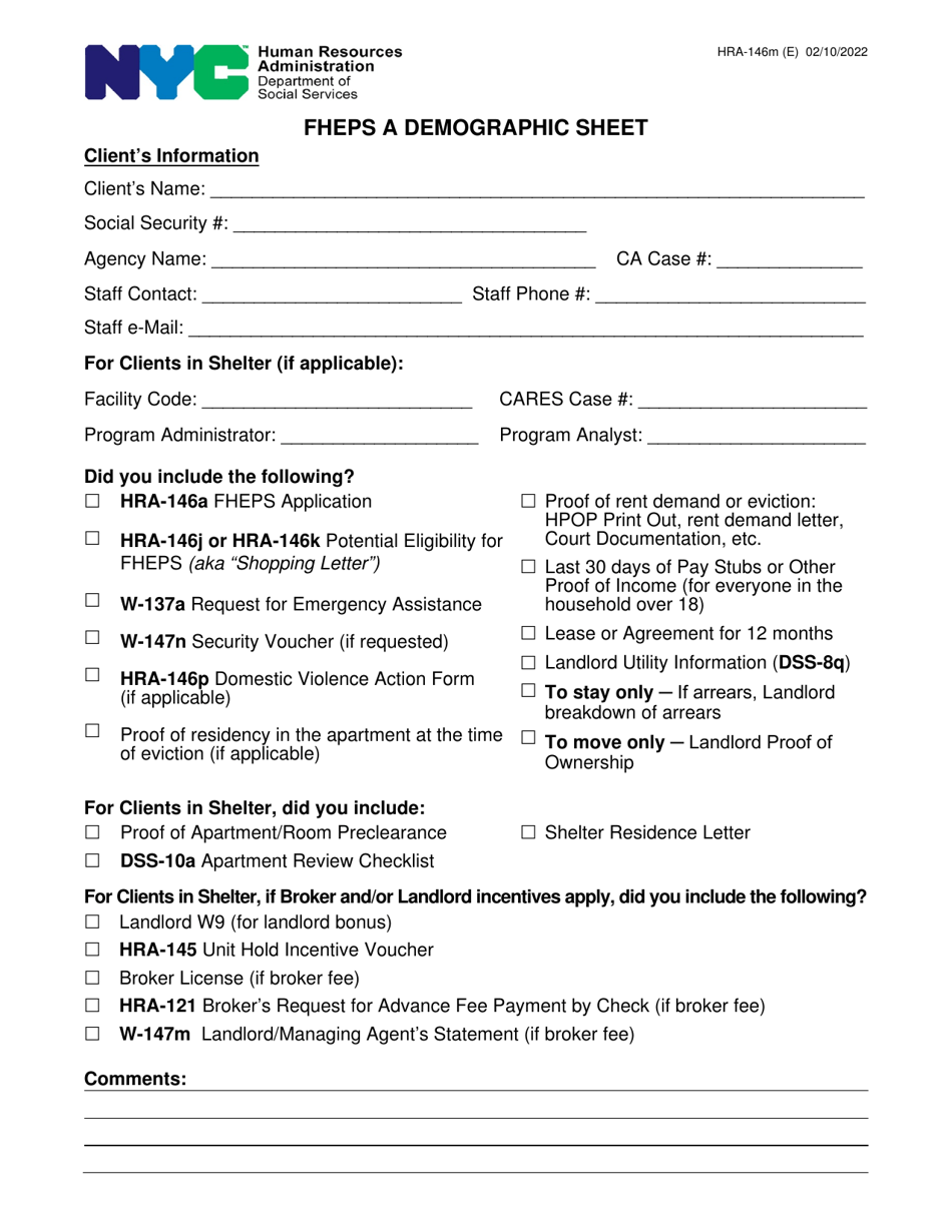 Form HRA-146M Fheps a Demographic Sheet - New York City, Page 1