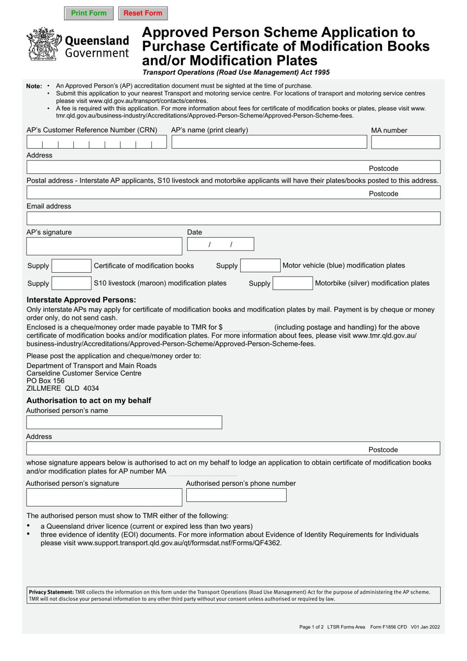 Form F1856 Approved Person Scheme Application to Purchase Certificate of Modification Books and / or Modification Plates - Queensland, Australia, Page 1