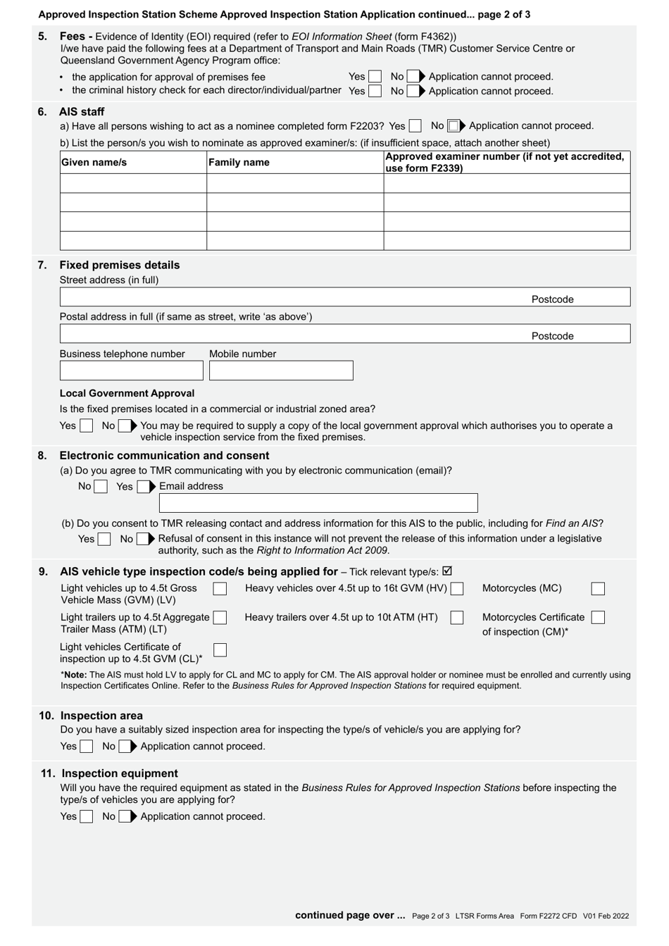 Form F2272 Approved Inspection Station Application - Approved Inspection Station Scheme - Queensland, Australia, Page 2