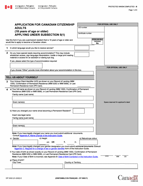 Form CIT0002 Application for Canadian Citizenship Adults (18 Years of Age or Older) Applying Under Subsection 5(1) - Canada