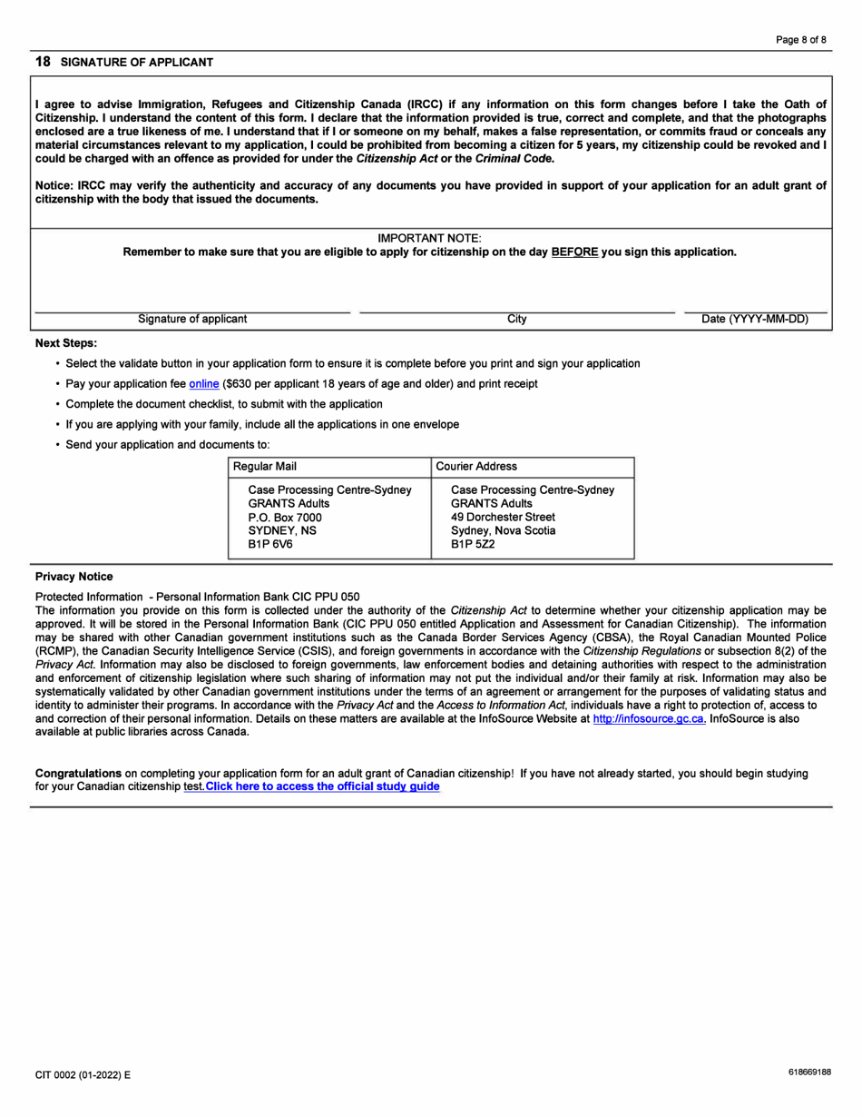 Form CIT0002 Application for Canadian Citizenship Adults (18 Years of Age or Older) Applying Under Subsection 5(1) - Canada, Page 8