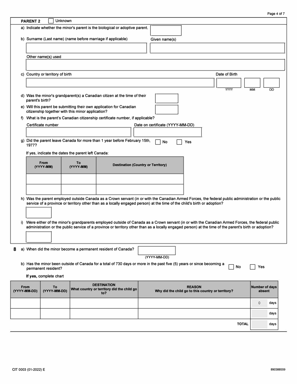 Form CIT0003 Application for Canadian Citizenship - Minors (Under 18 Years of Age) Under Subsection 5(2) - Canada, Page 4