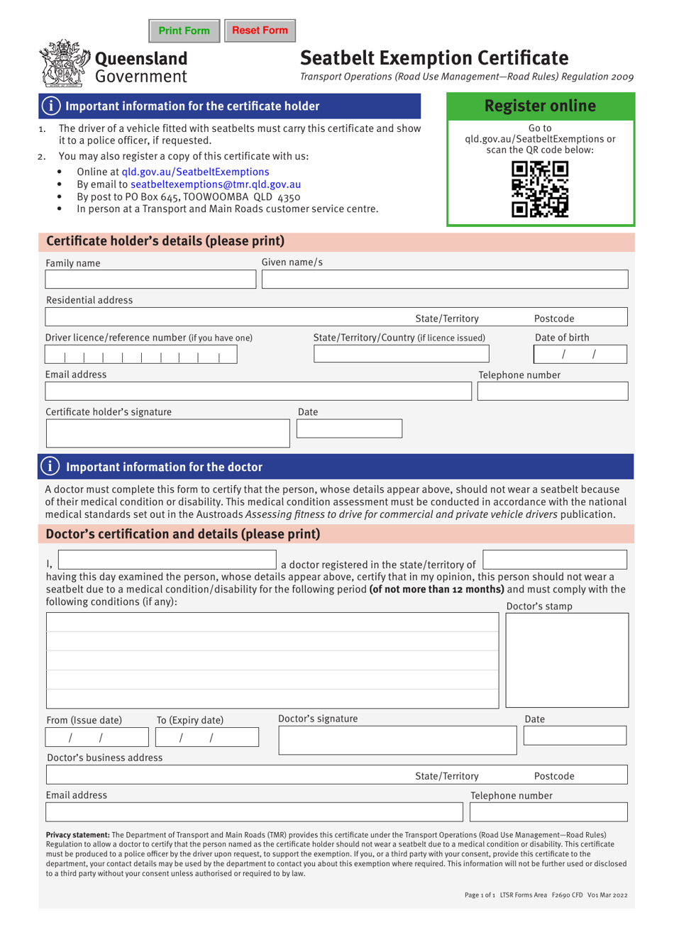 Form F2690 Seatbelt Exemption Certificate - Queensland, Australia, Page 1