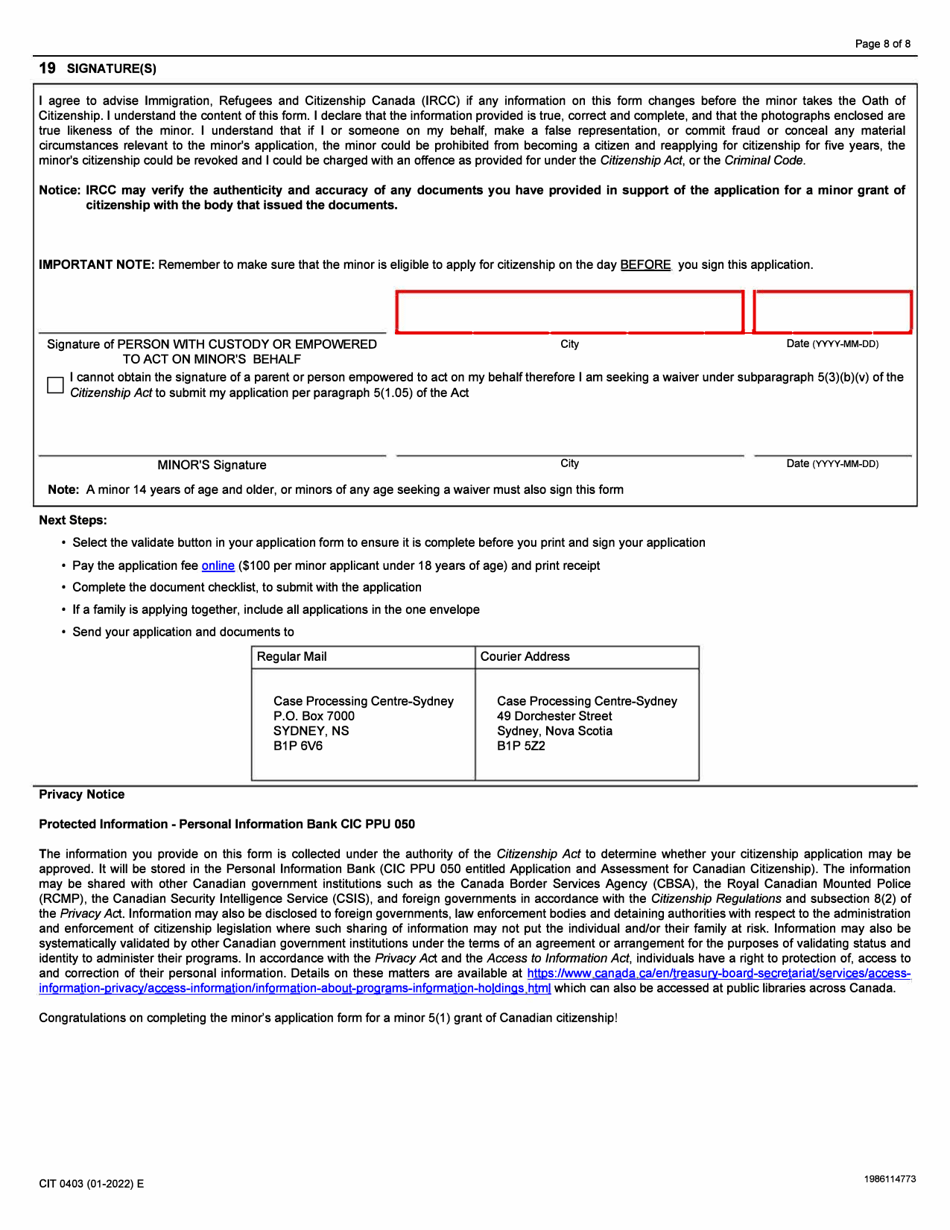 Form CIT0403 Application for Canadian Citizenship - Minors (Under 18 Years of Age) Applying Under Subsection 5(1) - Canada, Page 8