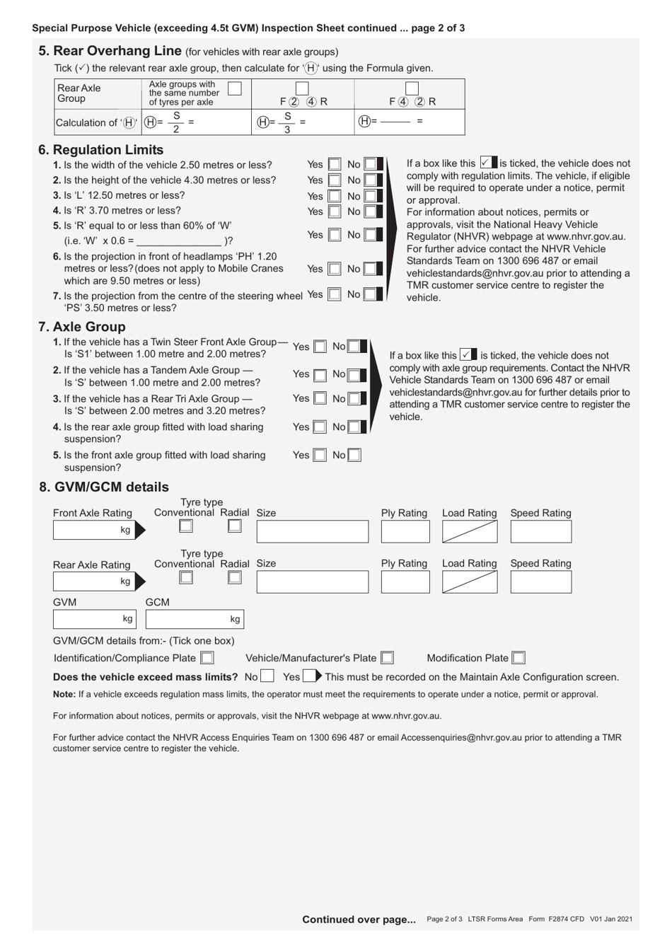 Form F2874 Special Purpose Vehicle (Exceeding 4.5t Gvm) Inspection Sheet - Queensland, Australia, Page 2