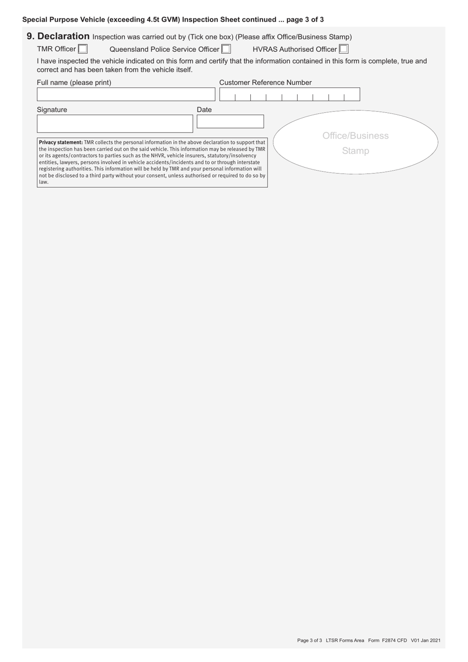 Form F2874 Special Purpose Vehicle (Exceeding 4.5t Gvm) Inspection Sheet - Queensland, Australia, Page 3