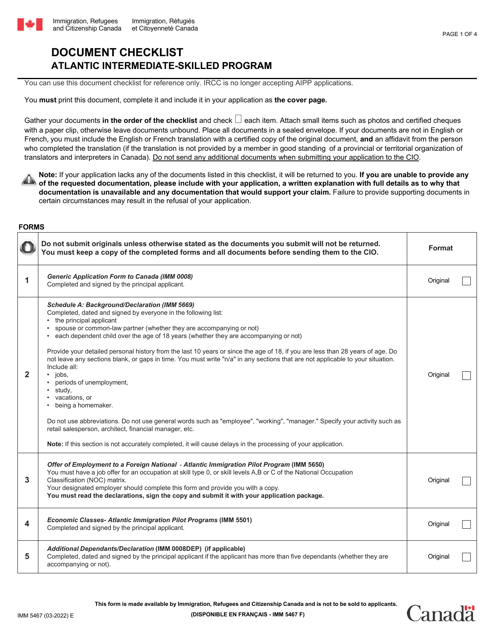Form IMM5467 Document Checklist - Atlantic Intermediate-Skilled Program - Canada