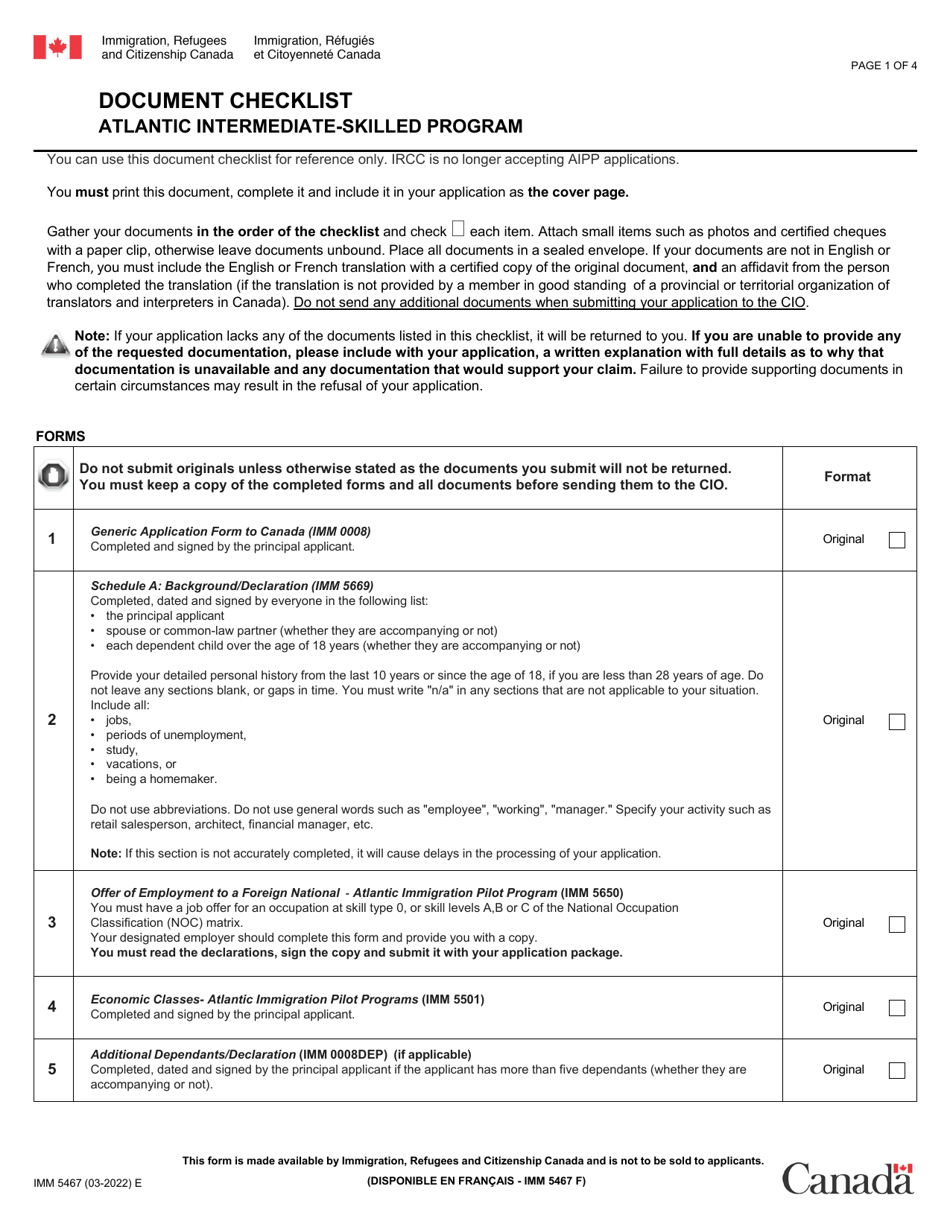 Form IMM5467 Document Checklist - Atlantic Intermediate-Skilled Program - Canada, Page 1
