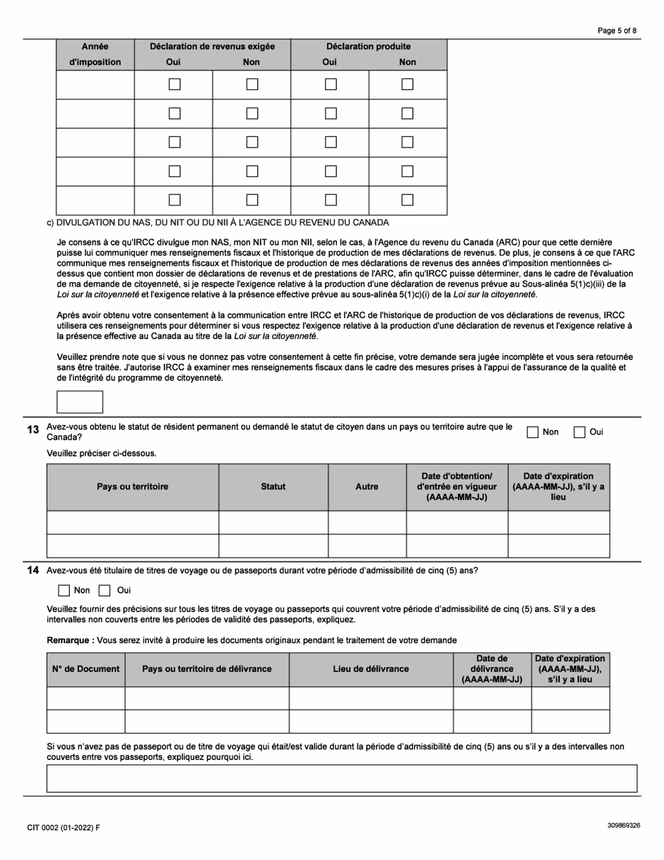 Forme CIT0002 Demande De Citoyennete Canadienne Pour Adultes (18 Ans Et Plus) - Canada (French), Page 5