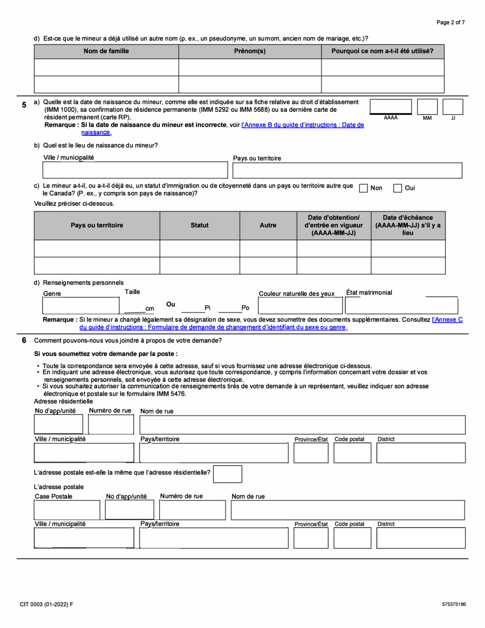 Forme CIT0003 Demande De Citoyennete Canadienne - Enfants Mineurs (Moins De 18 Ans) En Vertu Du Paragraphe 5(1) - Canada (French), Page 2
