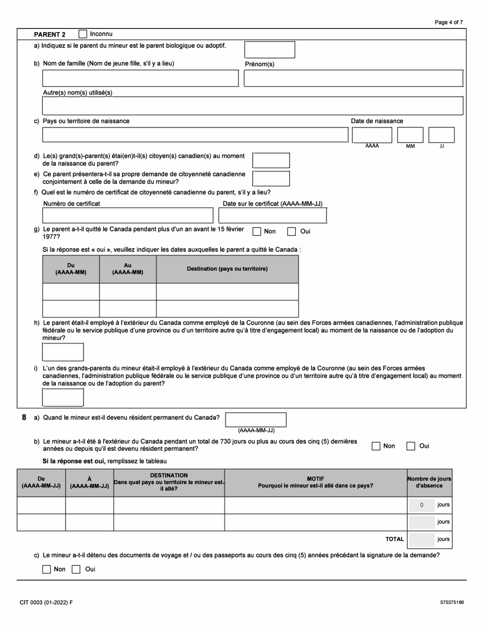 Forme CIT0003 Demande De Citoyennete Canadienne - Enfants Mineurs (Moins De 18 Ans) En Vertu Du Paragraphe 5(1) - Canada (French), Page 4