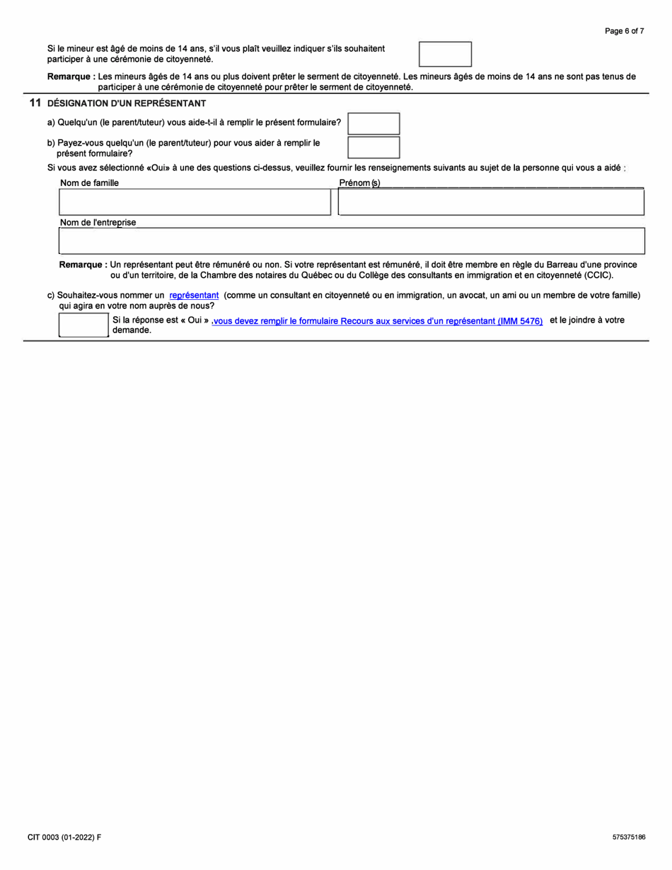 Forme CIT0003 Demande De Citoyennete Canadienne - Enfants Mineurs (Moins De 18 Ans) En Vertu Du Paragraphe 5(1) - Canada (French), Page 6