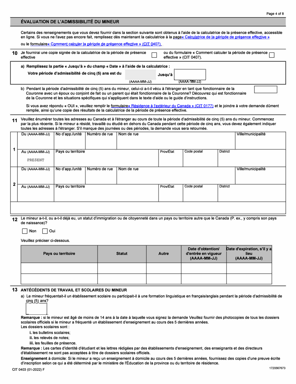 Forme CIT0403 Demande De Citoyennete Canadienne - Mineurs (Moins De 18 Ans) Presentant Une Demande En Vertu Du Paragraphe 5(1) - Canada (French), Page 4