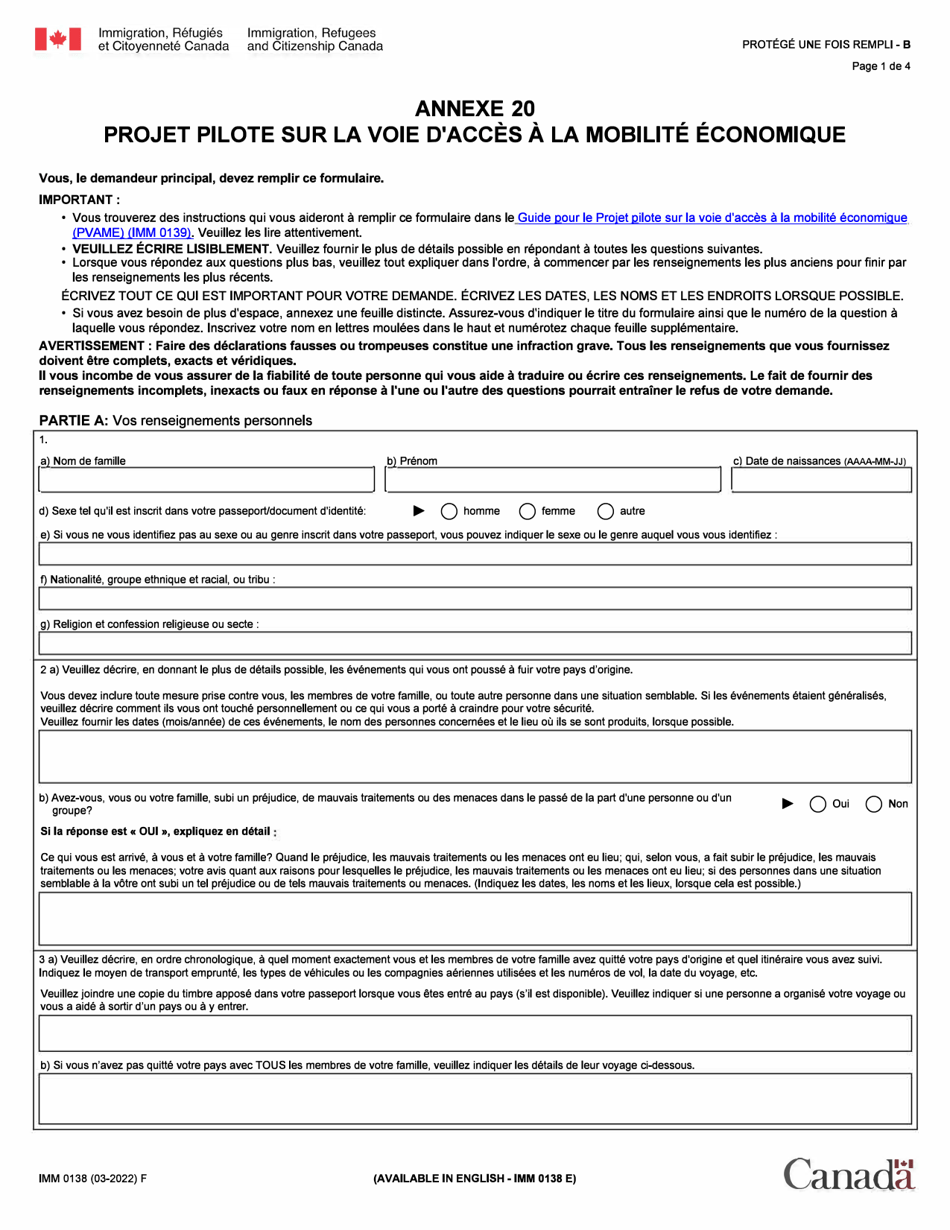 Forme IMM0138 Agenda 20 Projet Pilote Sur Lavoie Dacces a La Mobilite Economique - Canada (French), Page 1