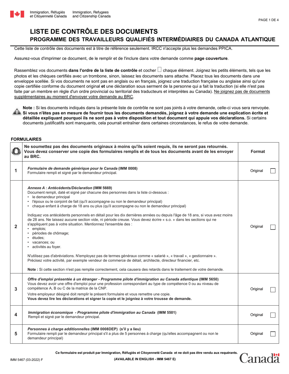 Forme IMM5467 Liste De Controle DES Documents - Programme DES Travailleurs Qualifies Intermediaires Du Canada Atlantique - Canada (French), Page 1
