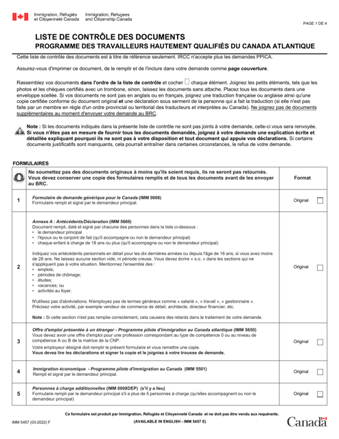 Forme IMM5457 Liste De Controle DES Documents - Programme DES Travailleurs Hautement Qualifies Du Canada Atlantique - Canada (French)