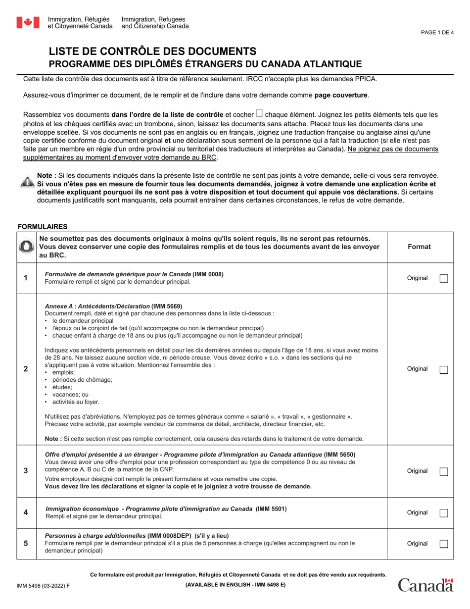 Forme IMM5498 Liste De Controle DES Documents - Programme DES Diplomes Etrangers Du Canada Atlantique - Canada (French), Page 1