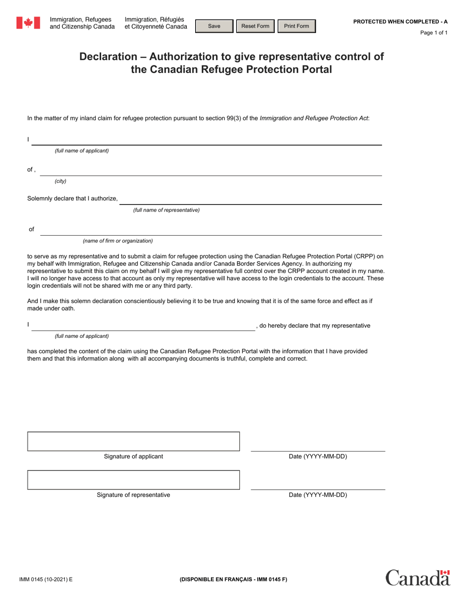 Form IMM0145 Declaration - Authorization to Give Representative Control of the Canadian Refugee Protection Portal - Canada, Page 1