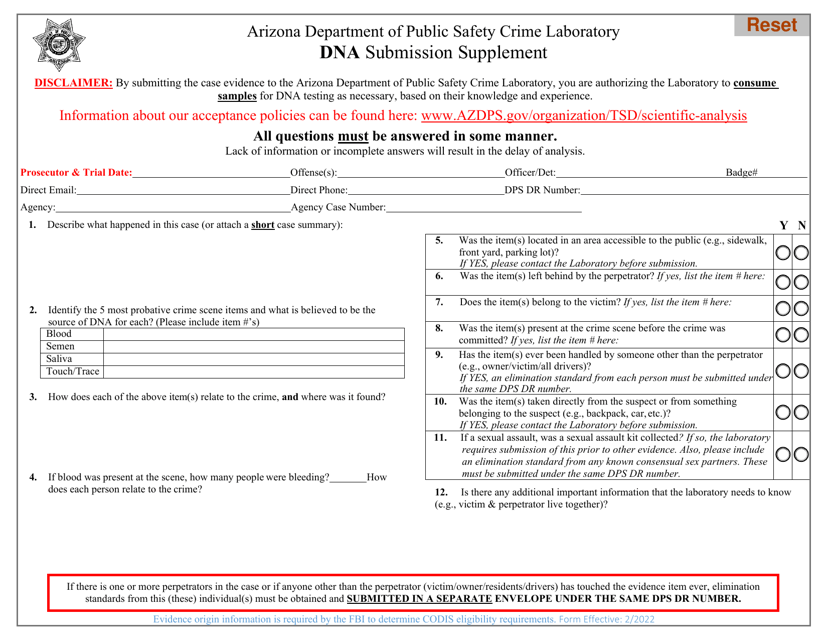 Dna Submission Supplement - Arizona Download Pdf