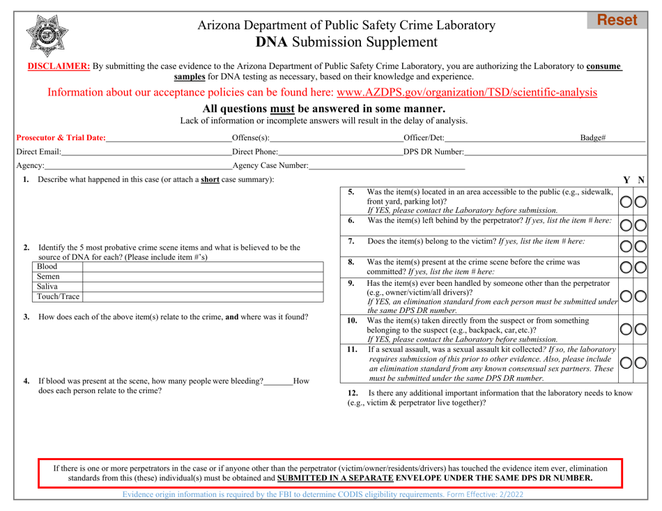 Dna Submission Supplement - Arizona, Page 1