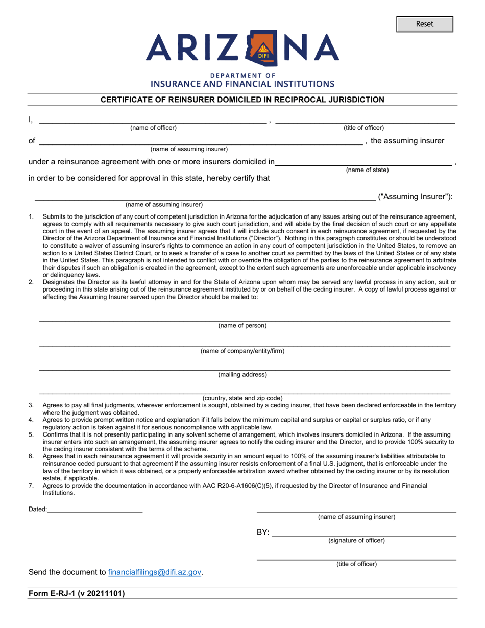 Form E-RJ-1 Certificate of Reinsurer Domiciled in Reciprocal Jurisdiction - Arizona, Page 1